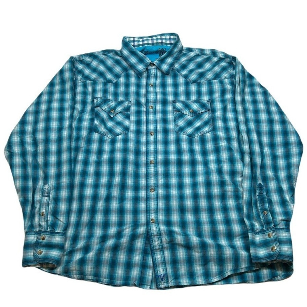 Wrangler 20X Western Shirt Mens‎ 2XL Blue Green Plaid Long Sleeve Pearl Snap